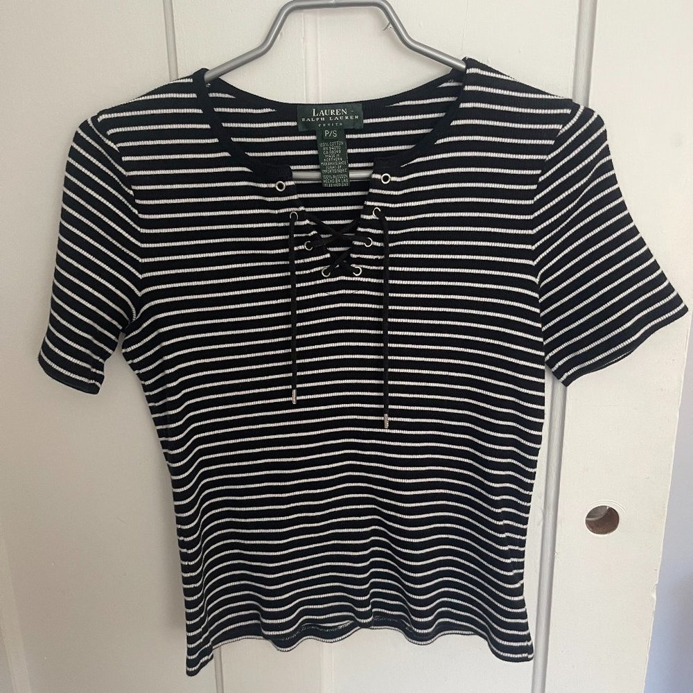 Vintage Cotton Ralph Lauren Ribbed T-Shirt Horizontal Stripes Front Lacing